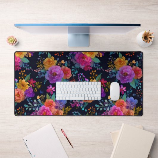 鮮やか花オン黒のヴィンテージエレガントフローラ デスクマット (オフィス1)