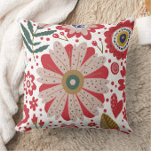 鮮やか花、赤、ベージュ、緑 クッション (ブランケット)