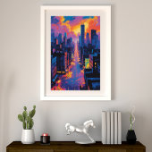 鮮やか街並みアットサンセットネオンライトデジタル フォトプリント           