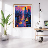 鮮やか街並みアットサンセットネオンライトデジタル フォトプリント           