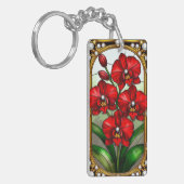 鮮やか観賞用金ゴールド枠の赤い蘭 キーホルダー (正面左)