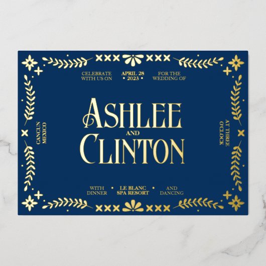 鮮やか誓スペインの結婚金ゴールド 箔招待状 (正面)