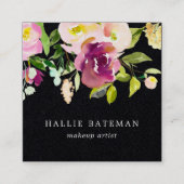 鮮やか開花 |水モダン色フローラ黒 スクエア名刺 (正面)