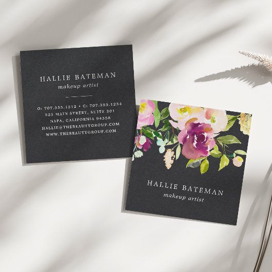 鮮やか開花 |水モダン色フローラ黒 スクエア名刺