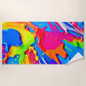 鮮やか（ばちゃばちゃ）跳ねるカラーバーストデザイン ビーチタオル (正面)