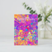 鮮やか（ばちゃばちゃ）跳ねるハッピーバースデー抽象芸術 ポストカード (スタンド正面)