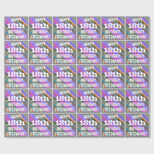 鮮やか、カラフルの第18誕生日 + 名前をカスタムする ラッピングペーパー (フラット)