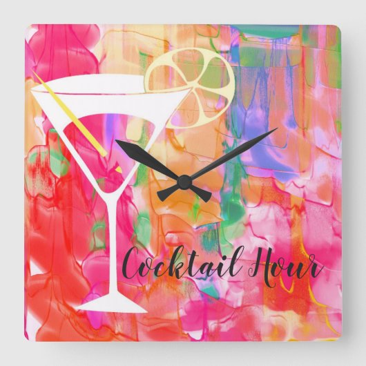 鮮やか&カラフルカクテルアワータイポグラフィ スクエア壁時計 (正面)