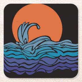 鮮やか、カラフル海波と夕日 スクエアペーパーコースター