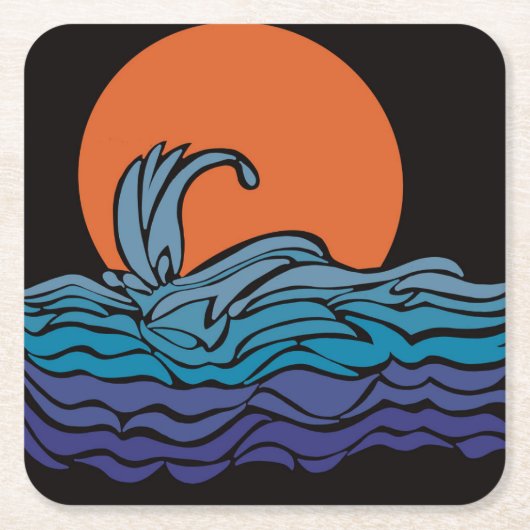 鮮やか、カラフル海波と夕日 スクエアペーパーコースター (正面)