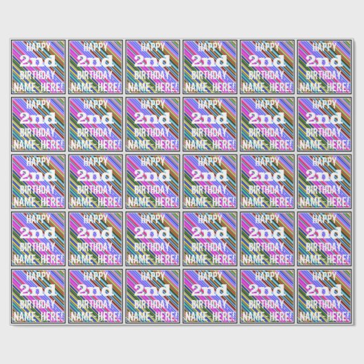 鮮やか、カラフル2回目の誕生日+名前をカスタムする ラッピングペーパー (フラット)