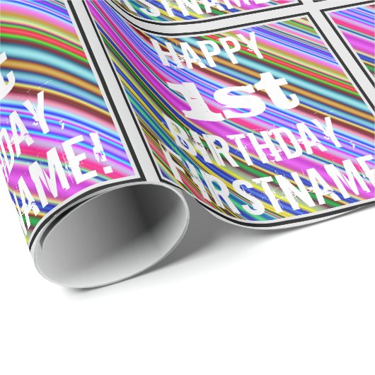 鮮やか, 1歳カラフル目の誕生日+名前をカスタムする ラッピングペーパー (ロールコーナー)