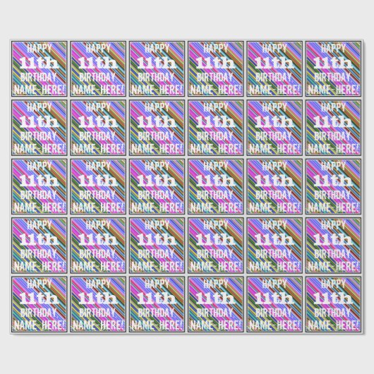 鮮やか, 11カラフル誕生日+名前をカスタムする ラッピングペーパー (フラット)