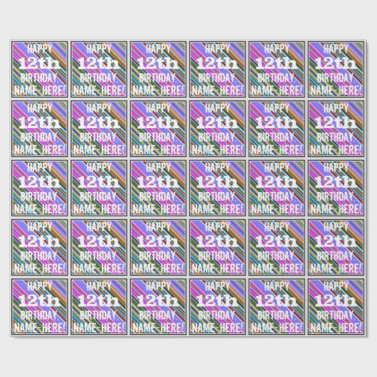 鮮やか, 12カラフル誕生日+名前をカスタムする ラッピングペーパー (フラット)