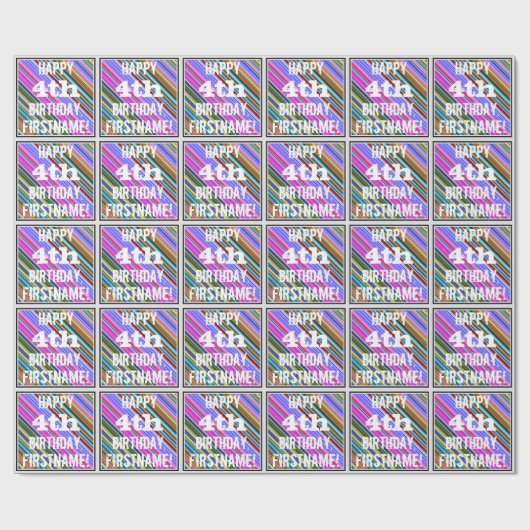 鮮やか, 4カラフルth Birthday +名前をカスタムする ラッピングペーパー (フラット)