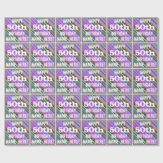 鮮やか, 50カラフル誕生日+名前をカスタムする ラッピングペーパー (フラット)