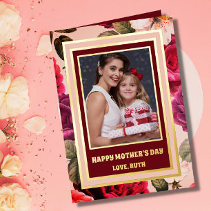 鮮やか Happy Mother's Day Pink Roses写真金ゴールド 箔シーズンカード