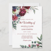 鮮やかMarsala、赤面ピンク、ネイビーフローラ 招待状 (正面)