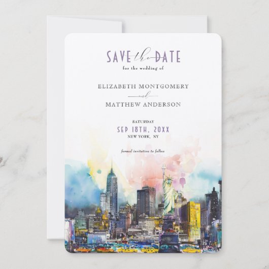鮮やかNew York Save the Date Skyline 招待状 (正面)