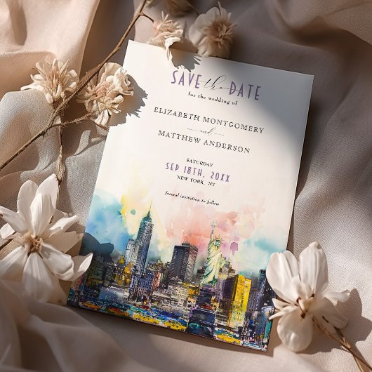 鮮やかNew York Save the Date Skyline 招待状