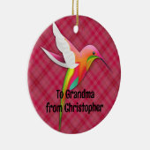 鮮カラフルやかなピンクの格子模様のハミングバード セラミックオーナメント (右)