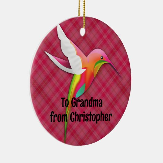 鮮カラフルやかなピンクの格子模様のハミングバード セラミックオーナメント (右)