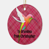 鮮カラフルやかなピンクの格子模様のハミングバード セラミックオーナメント (左)