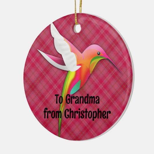 鮮カラフルやかなピンクの格子模様のハミングバード セラミックオーナメント (左)