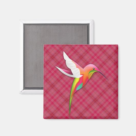 鮮カラフルやかなピンクの格子模様のハミングバード マグネット (正面/裏面)