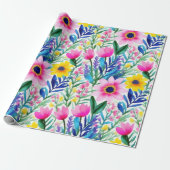 鮮カラフルやかな花と鳥の包み紙 ラッピングペーパー (アンロールド)