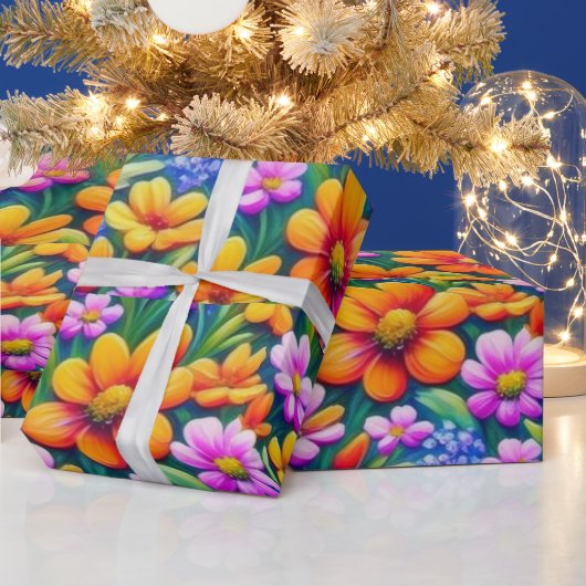 鮮カラフルやかな花と鳥の包み紙 ラッピングペーパー (クリスマス)