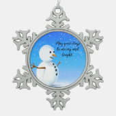 鮮メリーやかなすてき青い空の明るい雪だるま スノーフレークピューターオーナメント (正面)