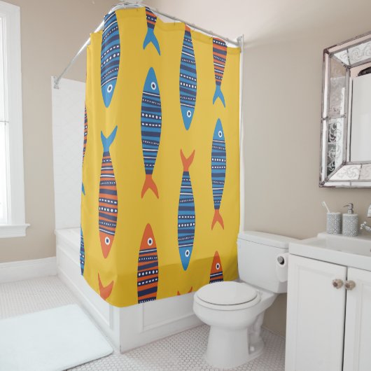 鮮魚の継ぎ目の無い模様。海辺で描いた手 シャワーカーテン (インサイチュ)