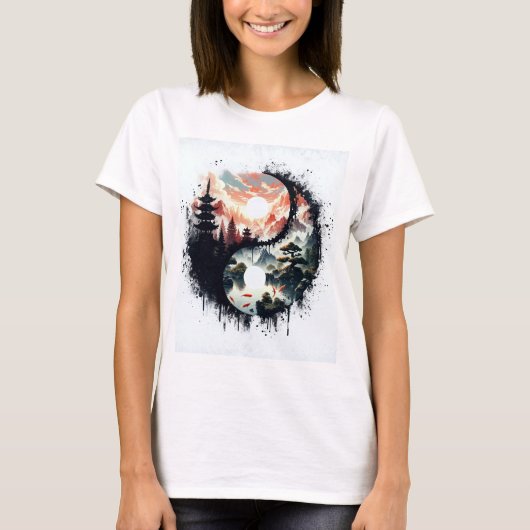 鯉と寺院の陰陽 Tシャツ (正面)
