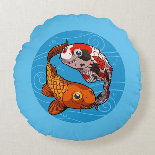 鯉の陰陽デザイン 幸せな魚のイラスト ラウンドクッション (正面)