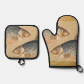 鯉魚魚釣り絵画の淡水 鍋つかみ&鍋敷きセット (正面)