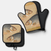 鯉魚魚釣り絵画の淡水 鍋つかみ&鍋敷きセット (正面/裏面)