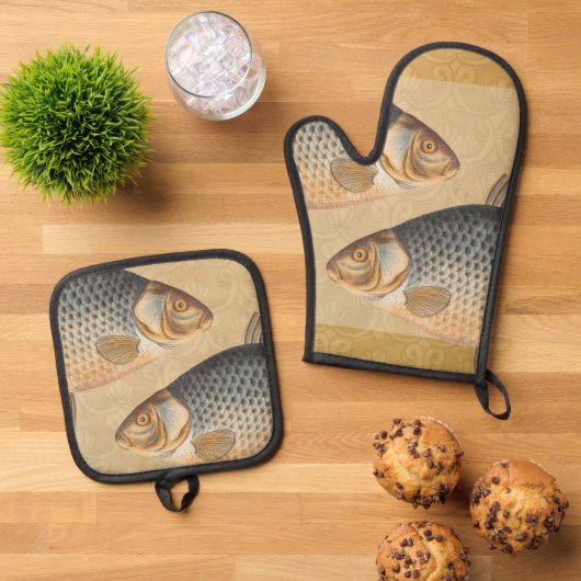鯉魚魚釣り絵画の淡水 鍋つかみ&鍋敷きセット (トップダウン)