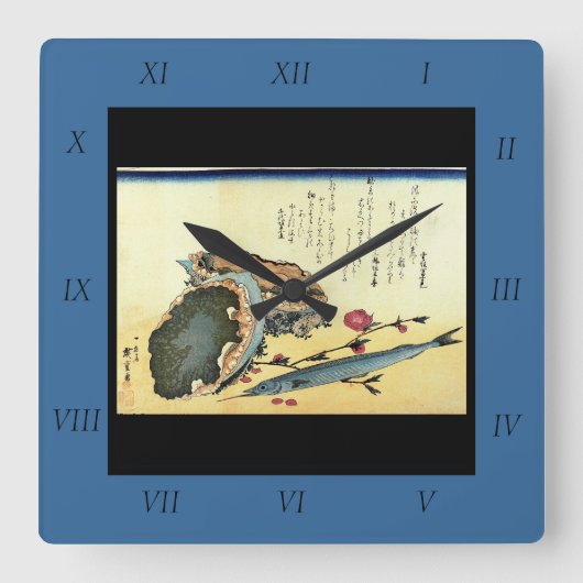 鯉魚・あわび(カミナリ、ハマグリ)広重の魚 スクエア壁時計 (正面)
