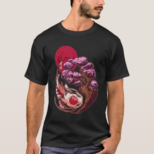 鯉 コイ 陰陽 盆栽 月 アジア 日本 Tシャツ (正面)