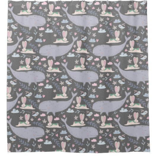 鯨お洒落と蒲団の模様 シャワーカーテン (正面)