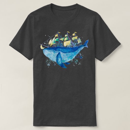 鯨と船の水色 Tシャツ (デザイン正面)