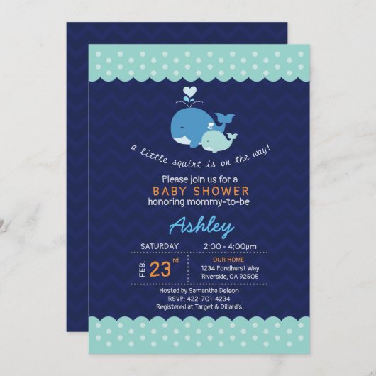 鯨のベビーシャワーの招待 招待状 (正面/裏面)