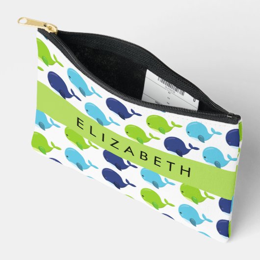 鯨の模様、かわいいクジラ、あなたの名前 アクセサリーポーチ (見開き)