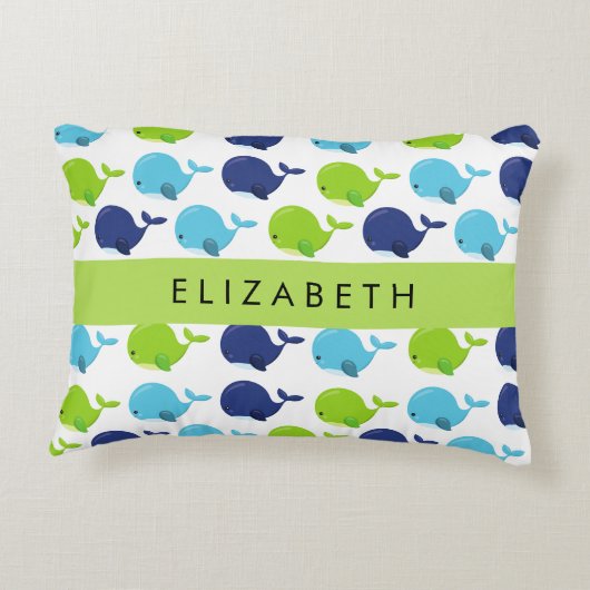 鯨の模様、かわいいクジラ、あなたの名前 アクセントクッション (裏面)