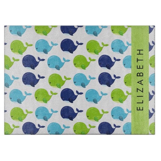 鯨の模様、かわいいクジラ、あなたの名前 カッティングボード (正面)