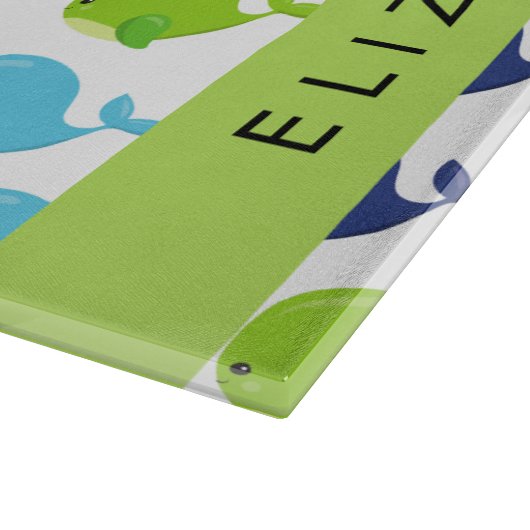 鯨の模様、かわいいクジラ、あなたの名前 カッティングボード (角)