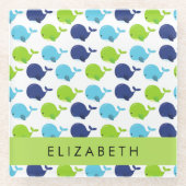 鯨の模様、かわいいクジラ、あなたの名前 ガラスコースター (正面)