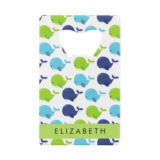 鯨の模様、かわいいクジラ、あなたの名前 クレジットカード栓抜き (正面)