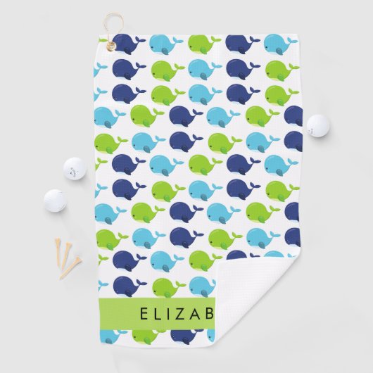 鯨の模様、かわいいクジラ、あなたの名前 ゴルフタオル (インサイチュ)